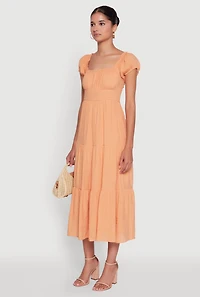 Womens Timeless Short Puff Sleeve Empire Waist Maxi Dress, Orange, Size S