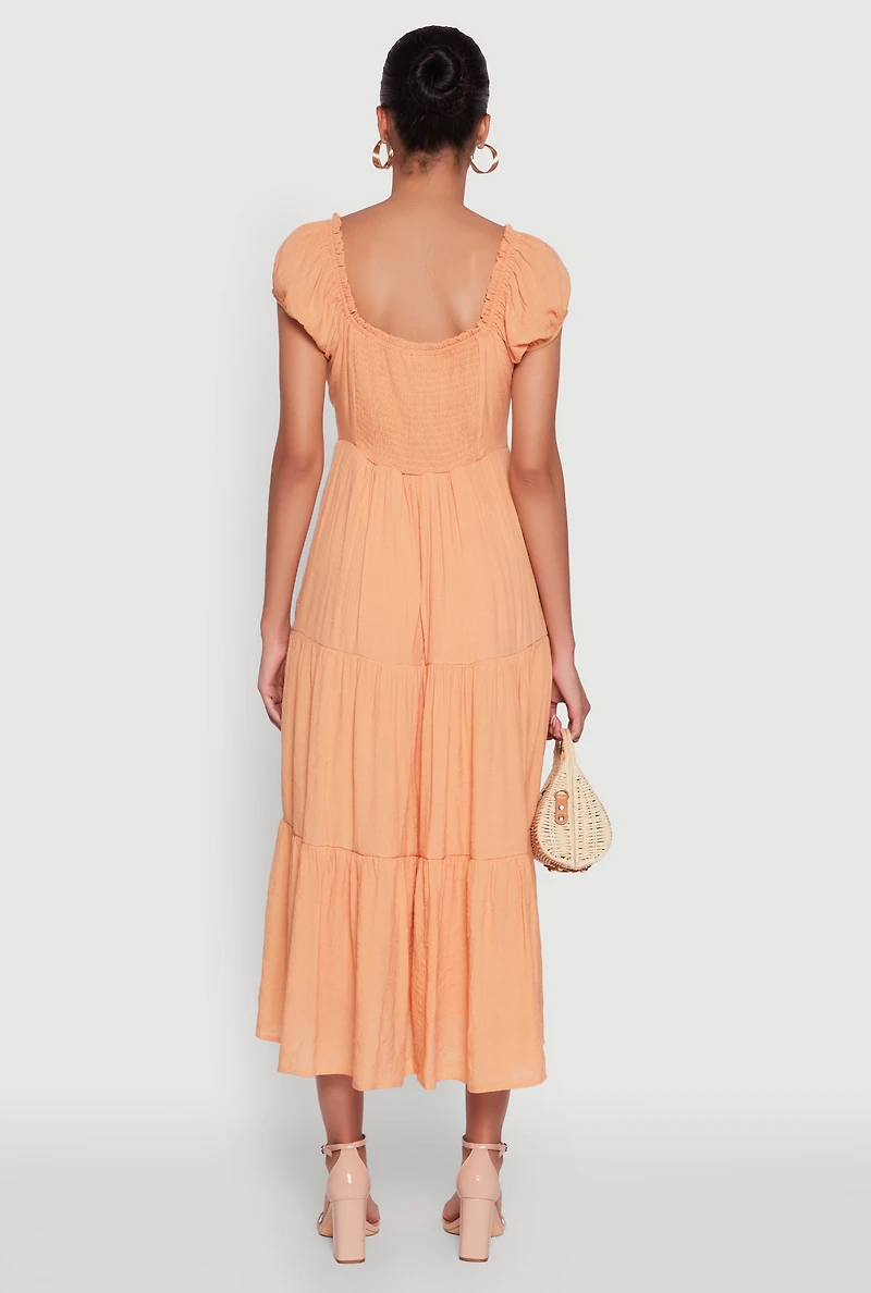 Womens Timeless Short Puff Sleeve Empire Waist Maxi Dress, Orange, Size S