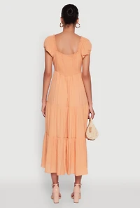 Womens Timeless Short Puff Sleeve Empire Waist Maxi Dress, Orange, Size S