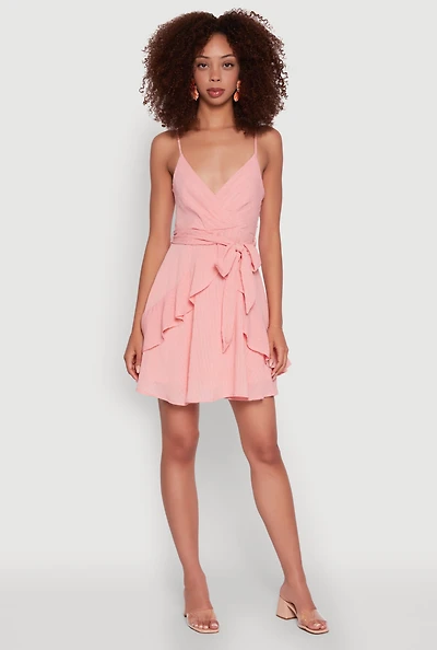 Womens Iris Pinstripe Tie Waist Belted Dress, Pink, Size S