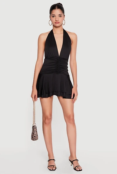 Ruched Front Ruffle Tiered Halter Mini Dress