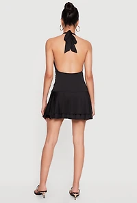 Ruched Front Ruffle Tiered Halter Mini Dress