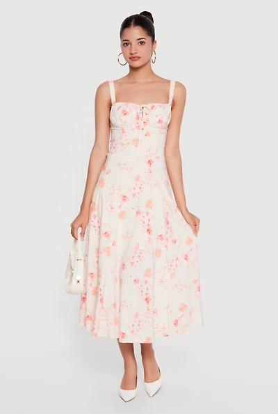 Floral Sweetheart Neckline Lace Up Back Midi Dress