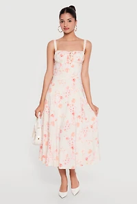 Floral Sweetheart Neckline Lace Up Back Midi Dress