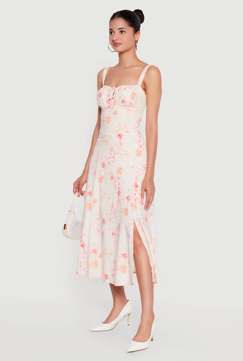 Floral Sweetheart Neckline Lace Up Back Midi Dress