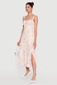 Floral Sweetheart Neckline Lace Up Back Midi Dress