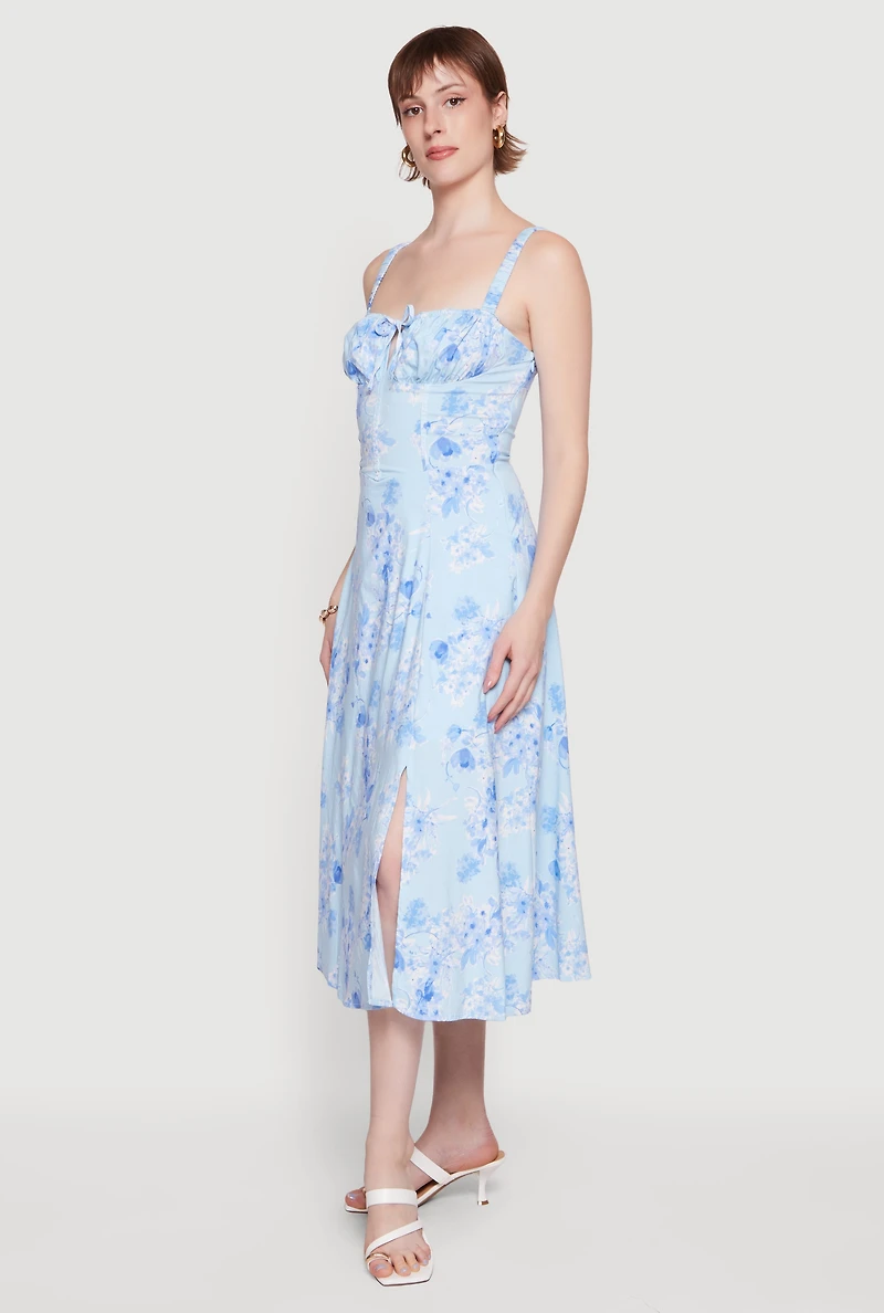 Floral Sweetheart Neckline Lace Up Back Midi Dress