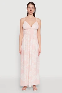 Womens Haute Monde Leaf Print Smocked Maxi Dress, Pink, Size L