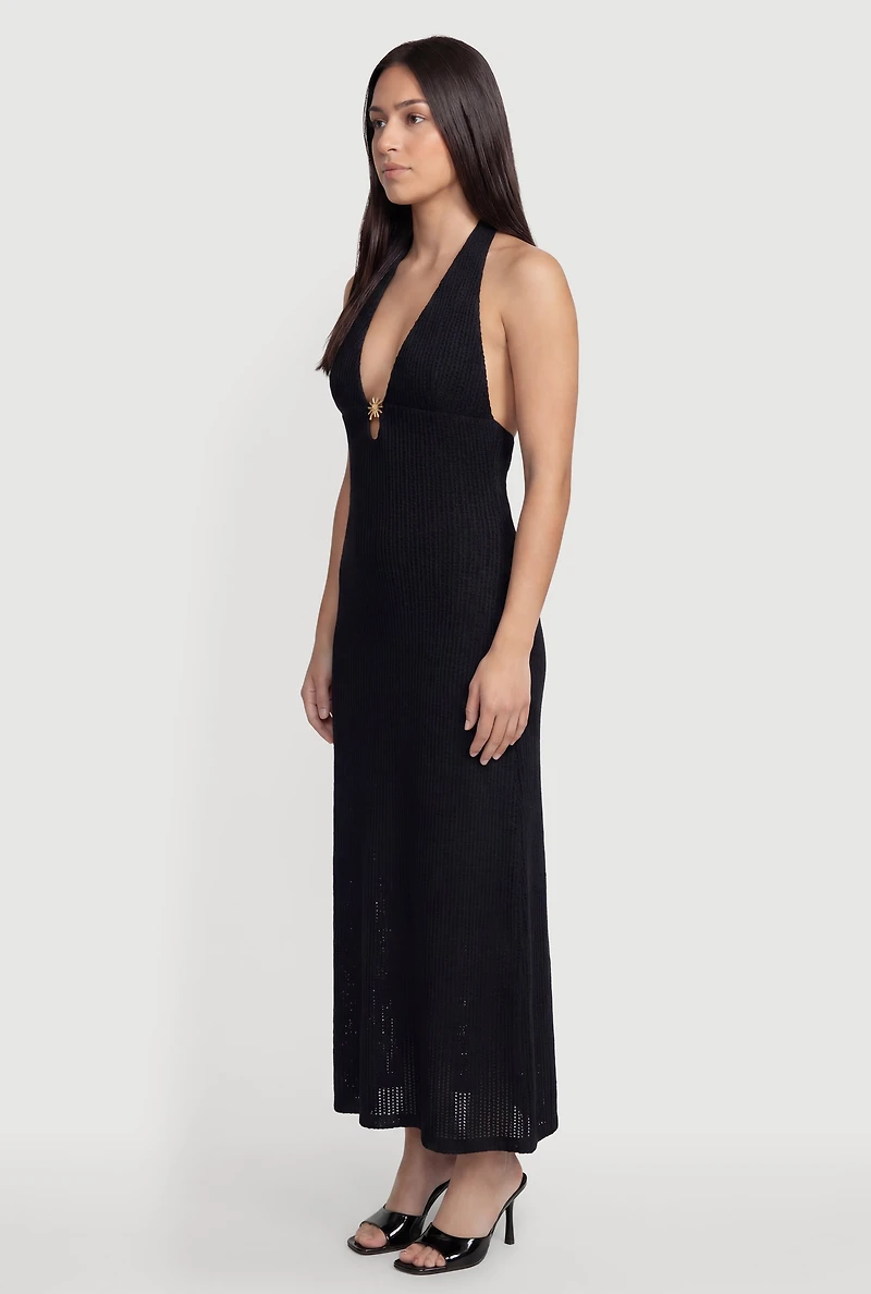 Metallic Sun Pendant Halter Maxi Dress