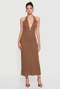 Metallic Sun Pendant Halter Maxi Dress