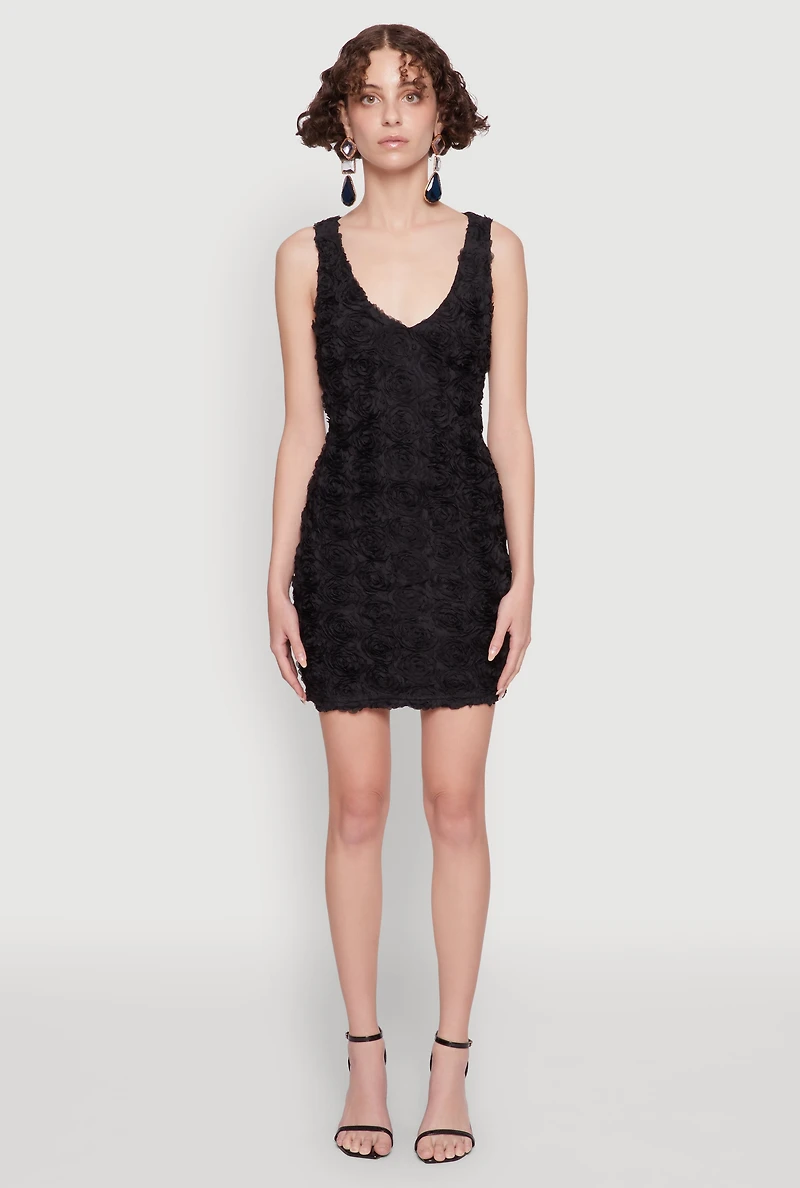 Womens Haute Monde 3D Floral Mesh Overlay Bodycon Dress, Black, Size M