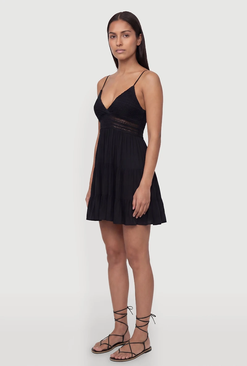 Crochet Detail Tiered Ruffle Trim Dress