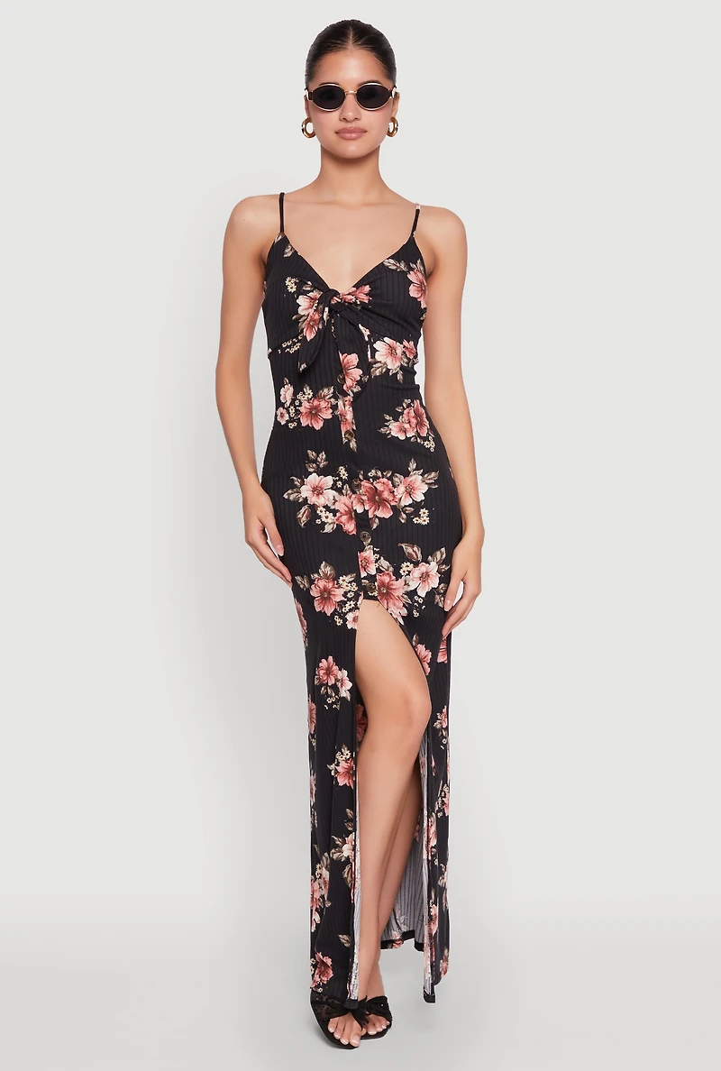 Womens Floral Print Tie Front Cami Maxi Dress, Black, Size S