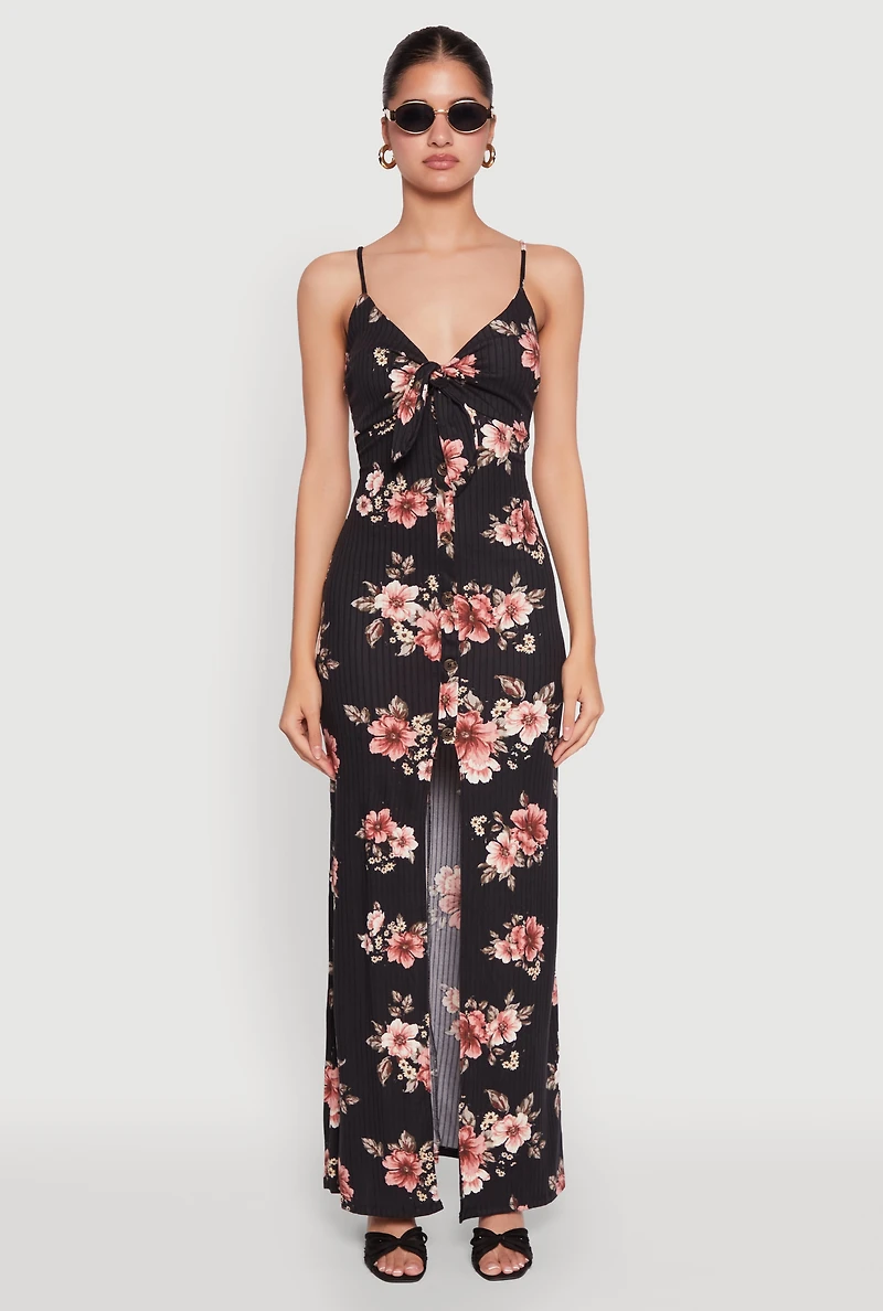Womens Floral Print Tie Front Cami Maxi Dress, Black, Size S