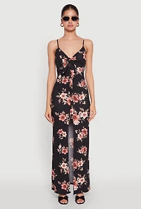 Womens Floral Print Tie Front Cami Maxi Dress, Black, Size S