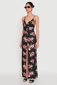 Womens Floral Print Tie Front Cami Maxi Dress, Black, Size S