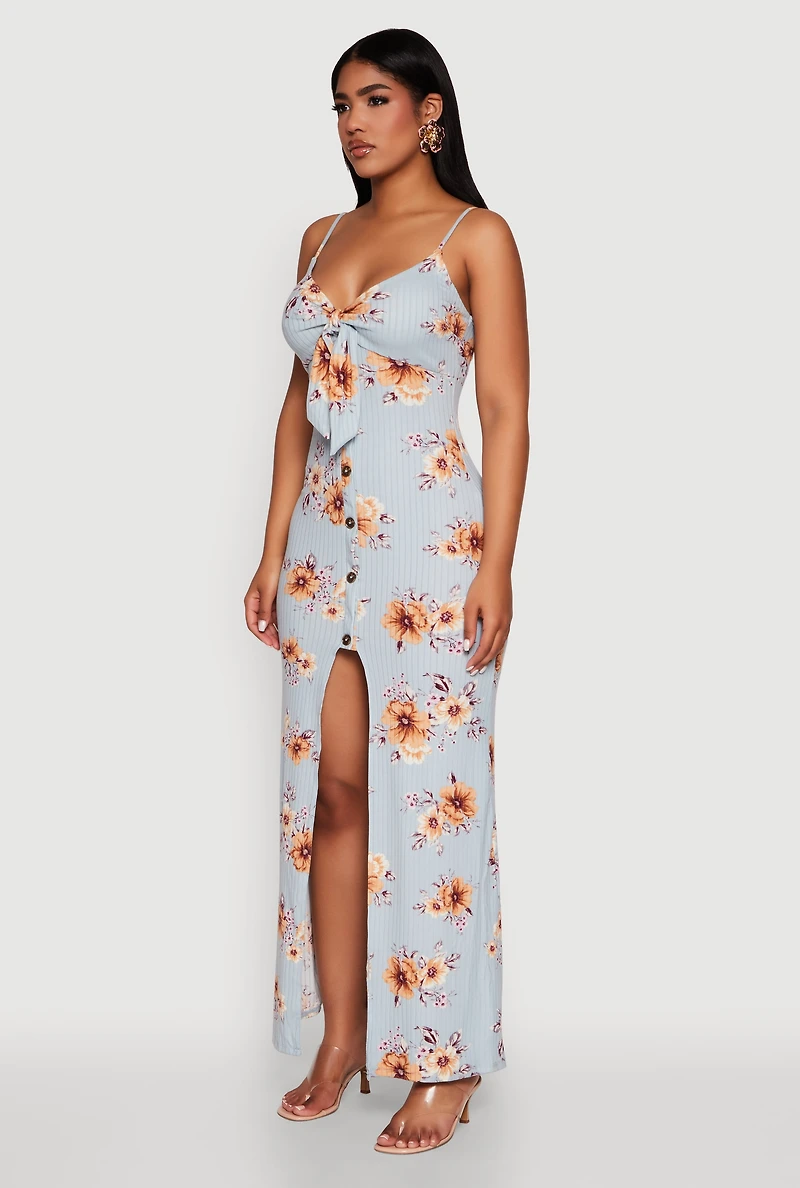 Womens Floral Print Tie Front Cami Maxi Dress, Blue, Size S