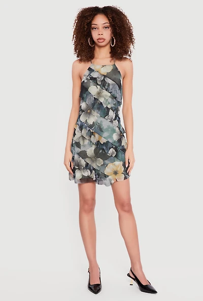 Floral Mesh Ruffle Trim Halter Mini Dress