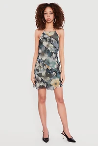 Floral Mesh Ruffle Trim Halter Mini Dress