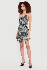 Floral Mesh Ruffle Trim Halter Mini Dress