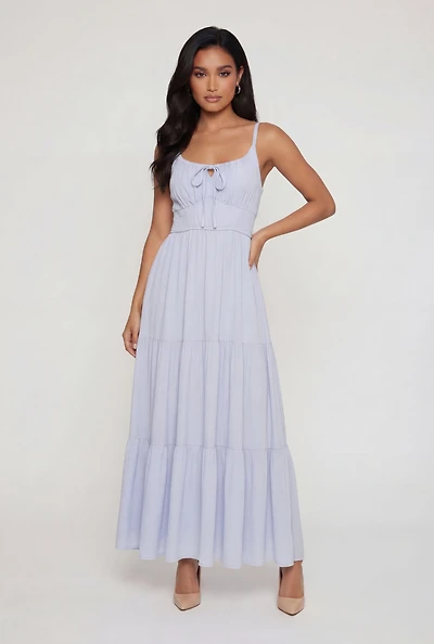 Gauze Knit Keyhole Detail Side Slit Tiered Midi Dress