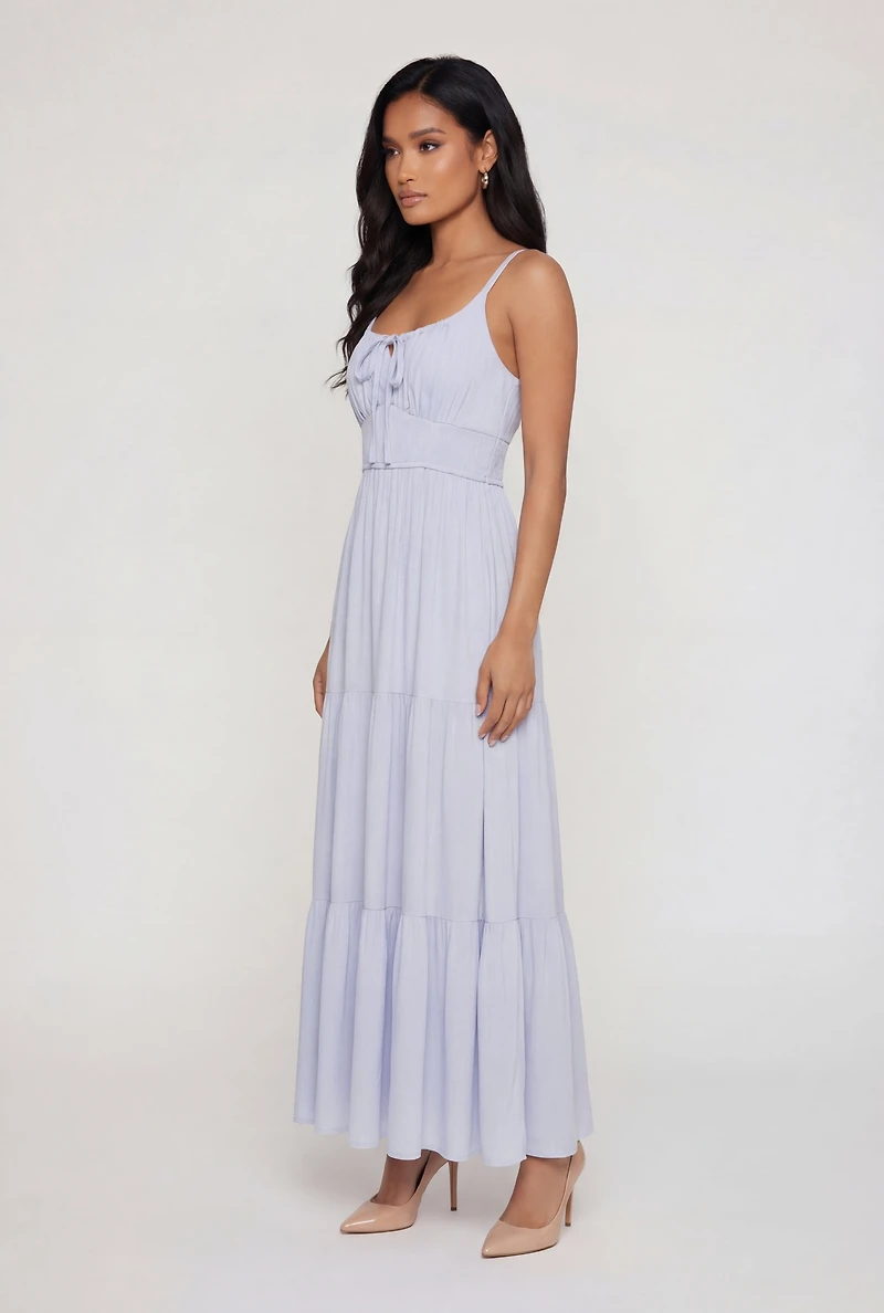 Gauze Knit Keyhole Detail Side Slit Tiered Midi Dress