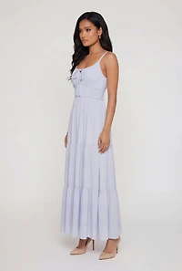 Gauze Knit Keyhole Detail Side Slit Tiered Midi Dress