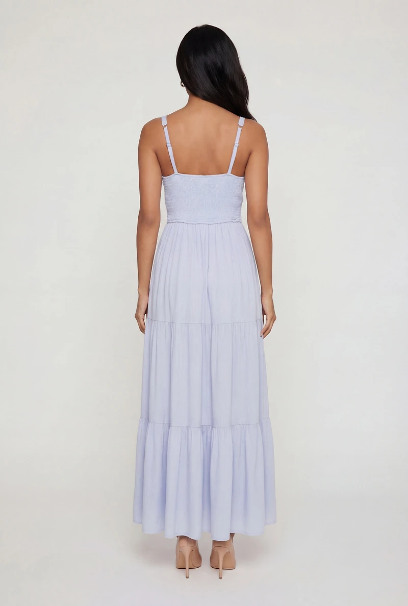 Gauze Knit Keyhole Detail Side Slit Tiered Midi Dress