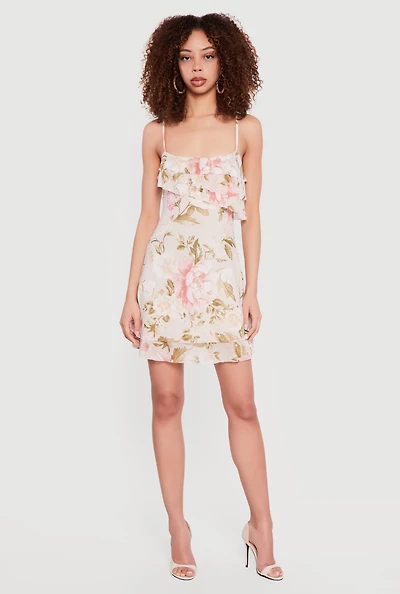 Floral Mesh Ruffle Tiered Cami Mini Dress