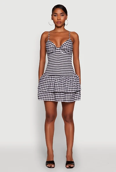 Womens Haute Monde Gingham Sweetheart Bow Back Mini Dress, Multi, Size L