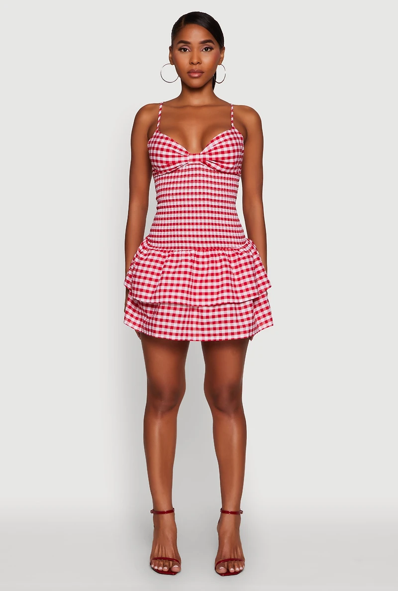Womens Haute Monde Gingham Sweetheart Bow Back Mini Dress, Red, Size S