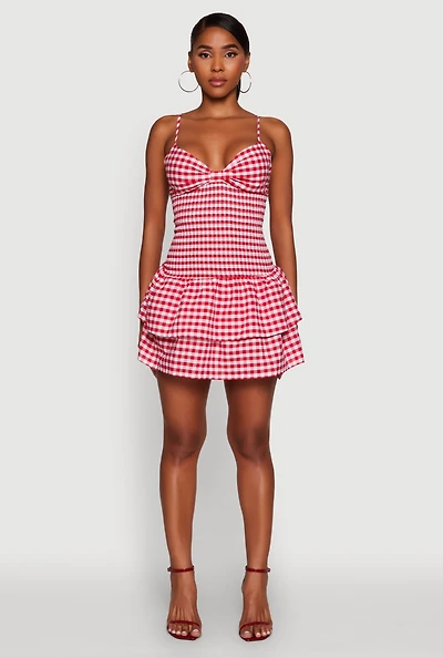 Womens Haute Monde Gingham Sweetheart Bow Back Mini Dress, Red, Size S