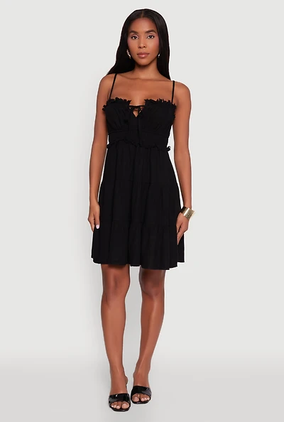 Womens Haute Monde Linen Sleeveless Tiered Dress with Frayed Detail, Black, Size M