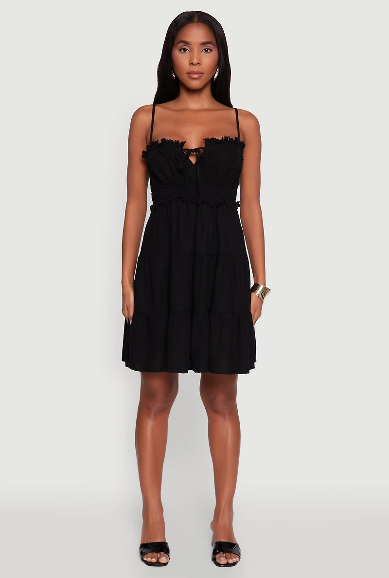 Womens Haute Monde Linen Sleeveless Tiered Dress with Frayed Detail,