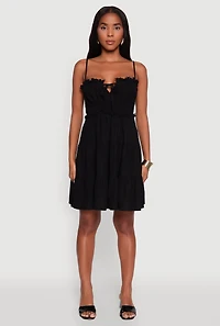 Womens Haute Monde Linen Sleeveless Tiered Dress with Frayed Detail,