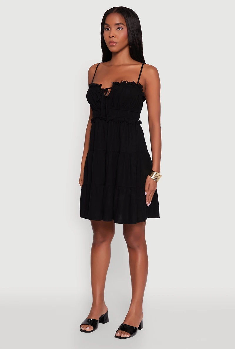Womens Haute Monde Linen Sleeveless Tiered Dress with Frayed Detail,