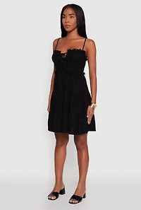 Womens Haute Monde Linen Sleeveless Tiered Dress with Frayed Detail,