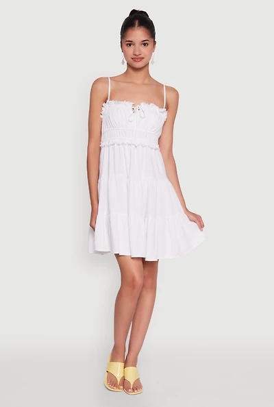 Womens Haute Monde Linen Sleeveless Tiered Dress with Frayed Detail, White, Size M