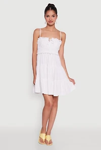Womens Haute Monde Linen Sleeveless Tiered Dress with Frayed Detail, White, Size M