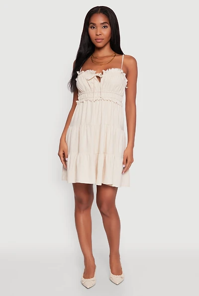 Womens Haute Monde Linen Sleeveless Tiered Dress with Frayed Detail,