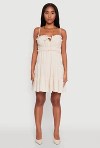 Womens Haute Monde Linen Sleeveless Tiered Dress with Frayed Detail, Beige, Size S