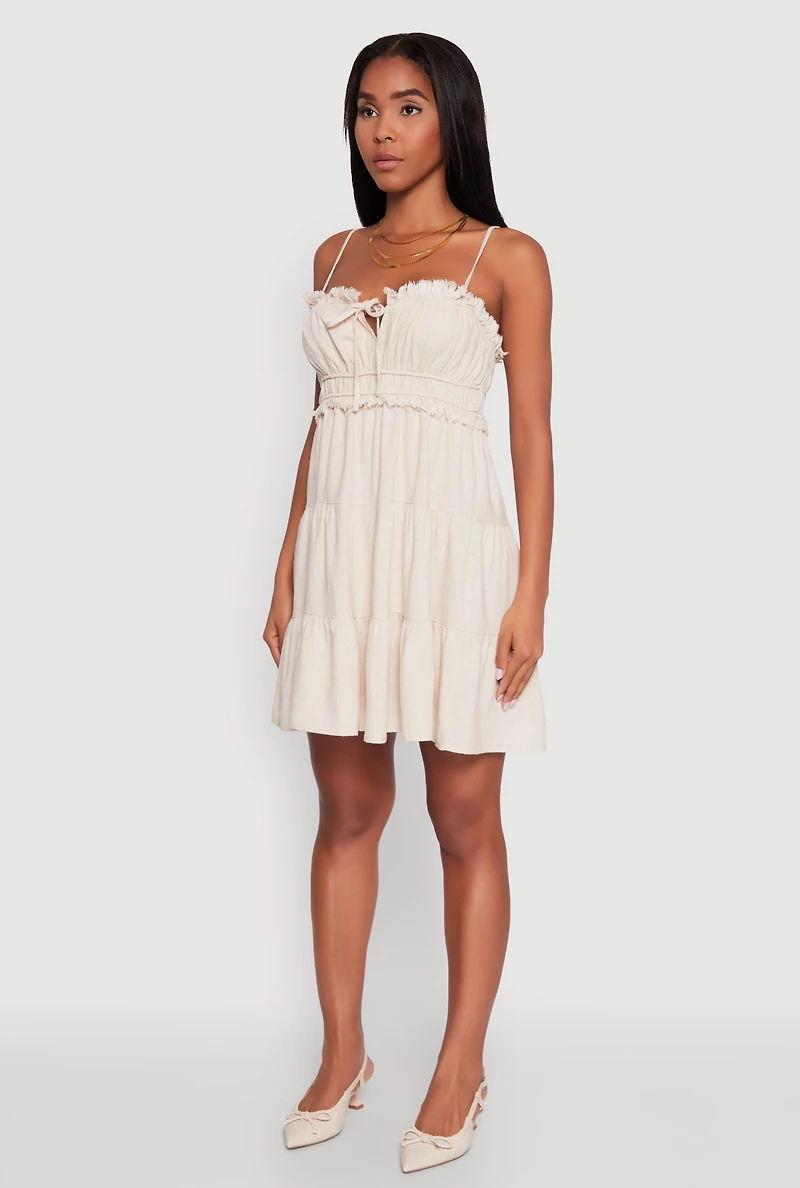 Womens Haute Monde Linen Sleeveless Tiered Dress with Frayed Detail, Beige, Size S