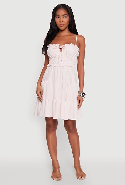 Haute Monde Linen Sleeveless Tiered Dress with Frayed Detail