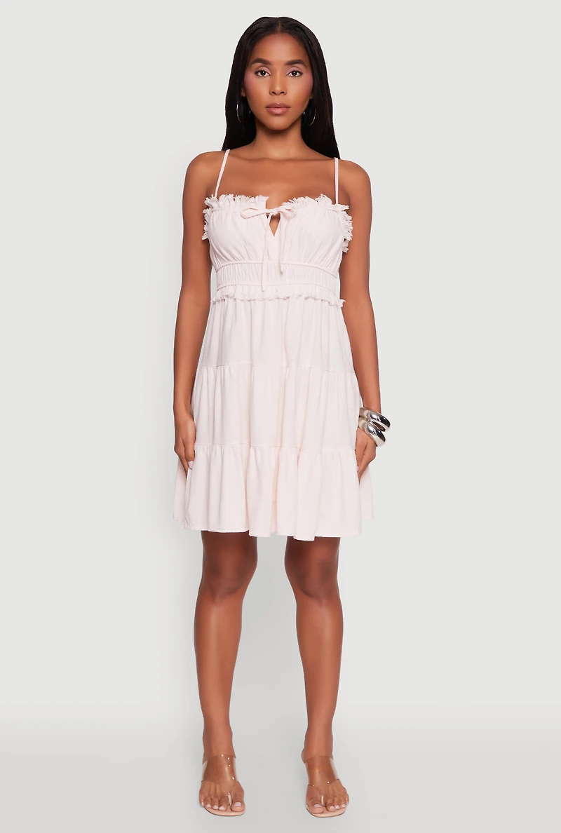 Haute Monde Linen Sleeveless Tiered Dress with Frayed Detail