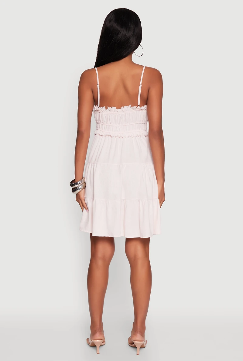 Haute Monde Linen Sleeveless Tiered Dress with Frayed Detail