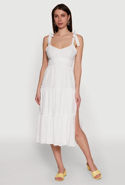 Womens Chic Bow Strap Tiered Sundress with Side Slit, White, Size M