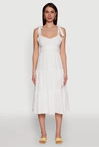 Womens Chic Bow Strap Tiered Sundress with Side Slit, White, Size S