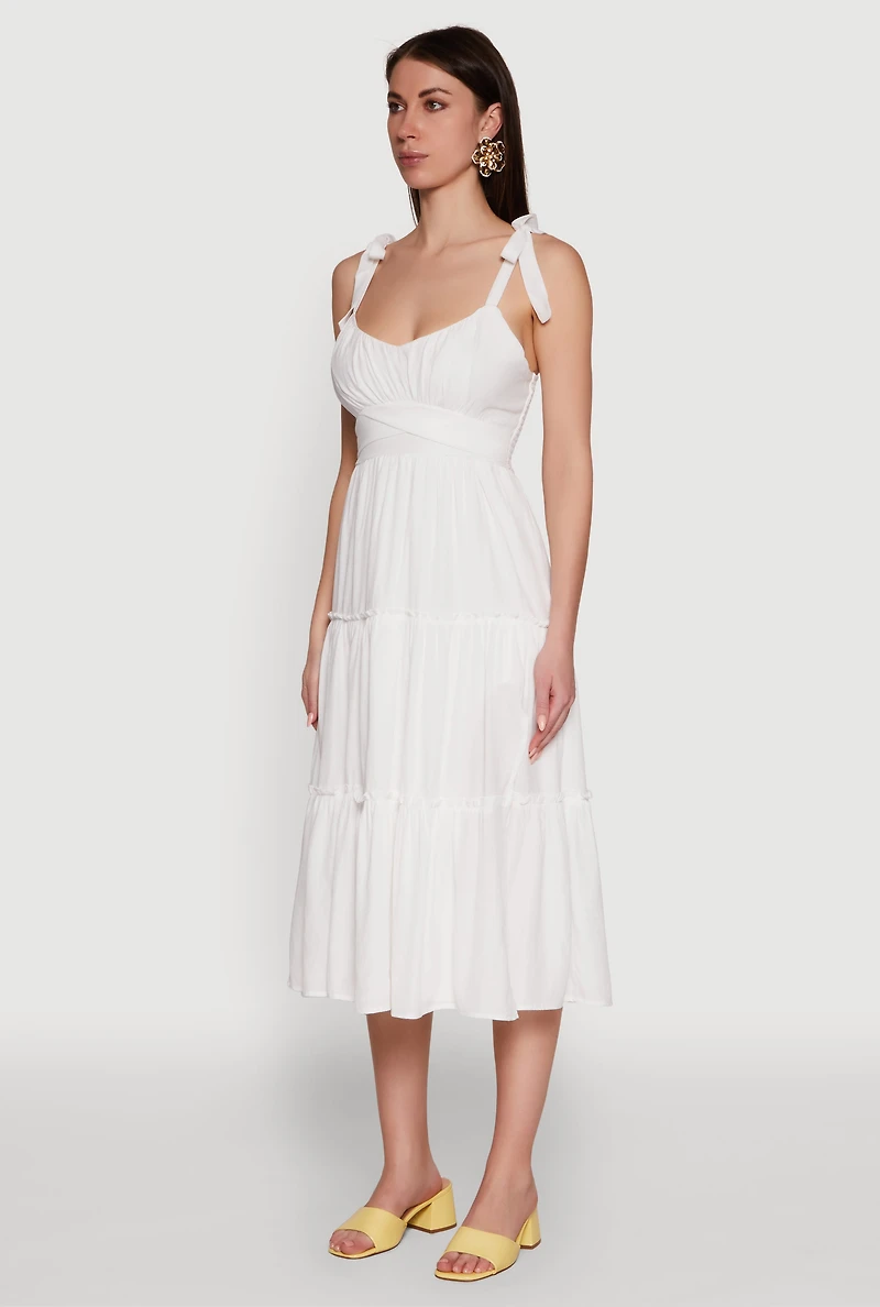 Womens Chic Bow Strap Tiered Sundress with Side Slit, White, Size S