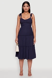 Womens Chic Bow Strap Tiered Sundress with Side Slit, L