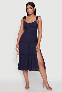 Womens Chic Bow Strap Tiered Sundress with Side Slit, Blue, Size S